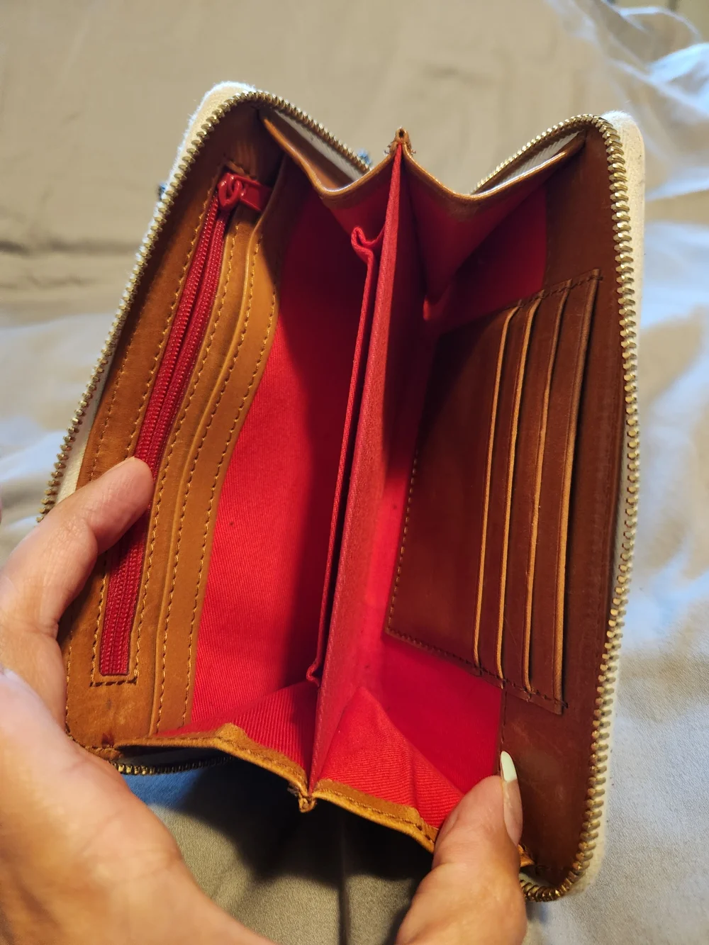 Project Dooney & Bourke Cream Pebbled Leather Zip-Around Wallet with Tan Pull